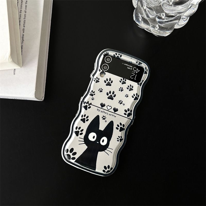 Samsung Electroplated Wave Folding Soft Case Simple Black Cat Case for Galaxy ZFlip345 Generation Phone_voghion.com