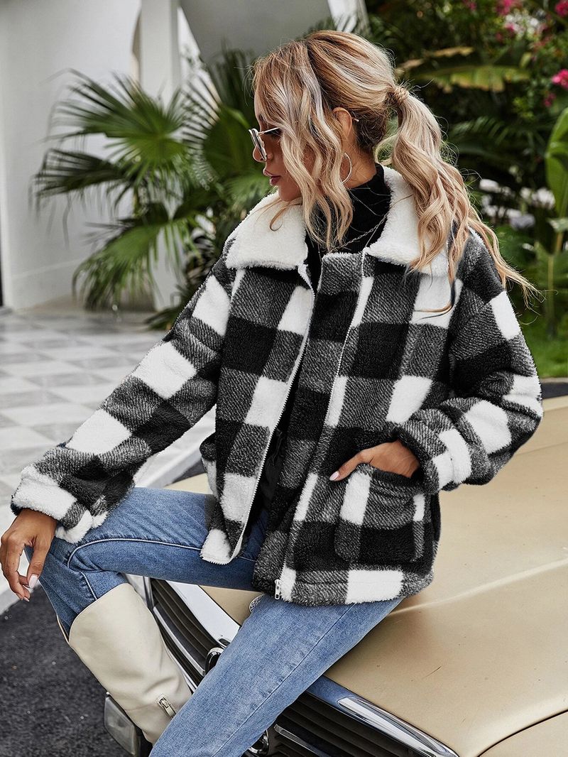 Women's zip-up cardigan lapel plaid coat loose temperament commute_voghion.com