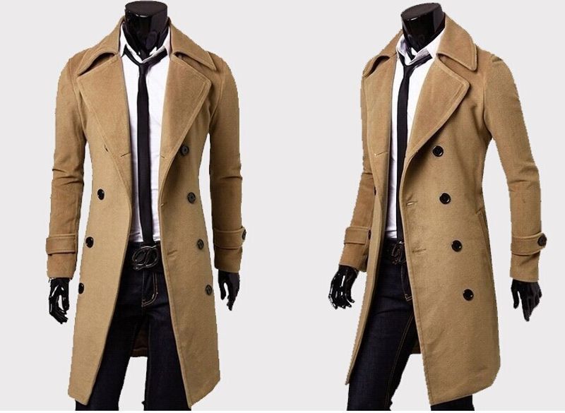 Men's autumn and winter long double-breasted trench coat men's woolen coat slim tweed coat men_voghion.com