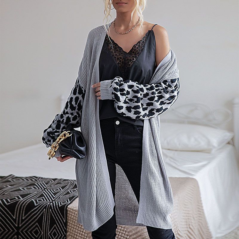Women's clothing independent station autumn and winter Middle Eastern women's knitted leopard print cardigan sweater jacket_voghion.com