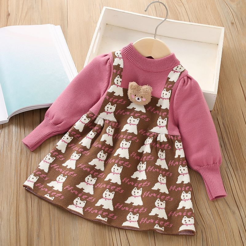Mädchen Kleid Cartoon Chic Kinder Gefälschte Zwei Gestrickte Prinzessin Kleid Langarm Pullover Kleid_voghion.com