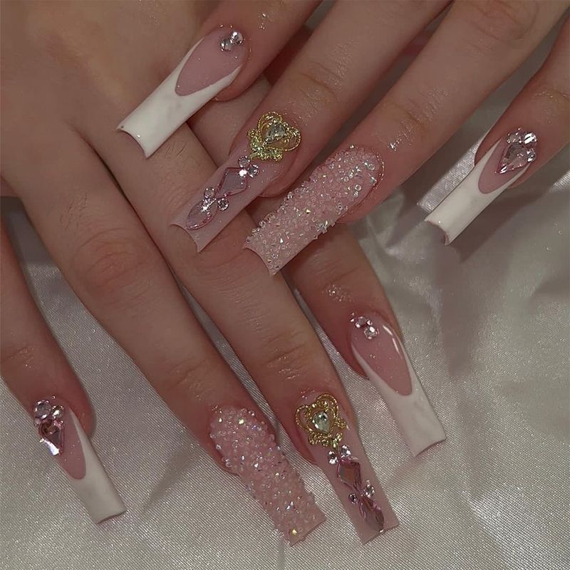 Nails 24Pcs Artificial Set with Glue Long Ballet False Nails with Rhinestone Wearable French Press on Nails Co_voghion.com