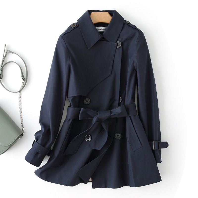 Damen Windjacke Modisches Temperament Zweireiher Taille Revers Kurze Windjacke 3018_voghion.com