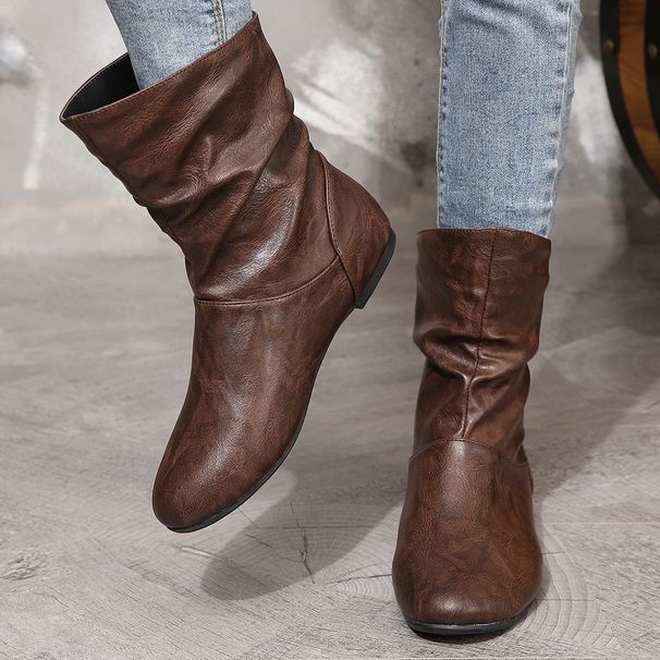 fashion women's boots round toe low heel low top sleeve PU women's leather boots versatile simple one step women's short boots_voghion.com