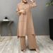 Elegante completo musulmano in due pezzi con camicetta a maniche lunghe e pantaloni a gamba larga – Moda modesta per le donne (cachi, oliva, blu navy, anguria)_voghion.com