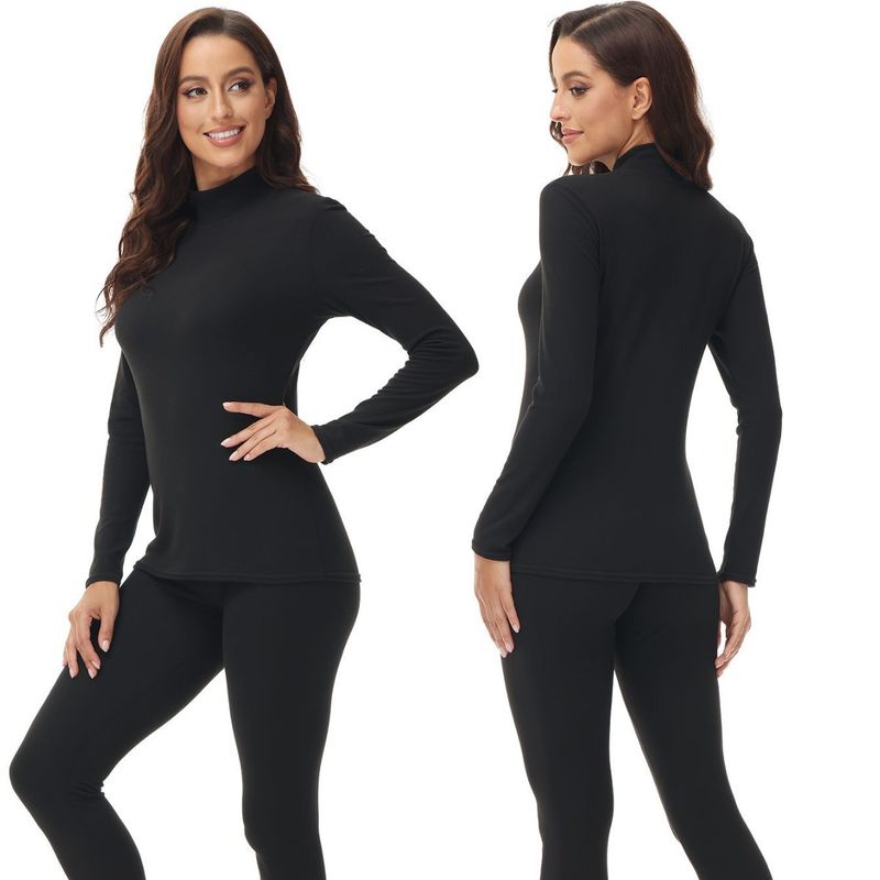 Women's Thermal Underwear Set High Neck Fleece Lined Long Sleeve Tops & Pants Winter Warm Base Layer Soft Stretchable Dralon Fabric Pure Color_voghion.com