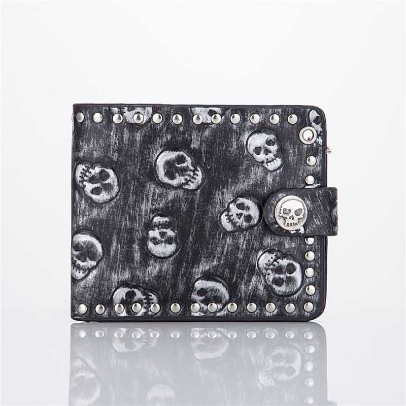 Portafoglio da uomo con personalità punk, portamonete multi-carta con teschio, catena antifurto_voghion.com