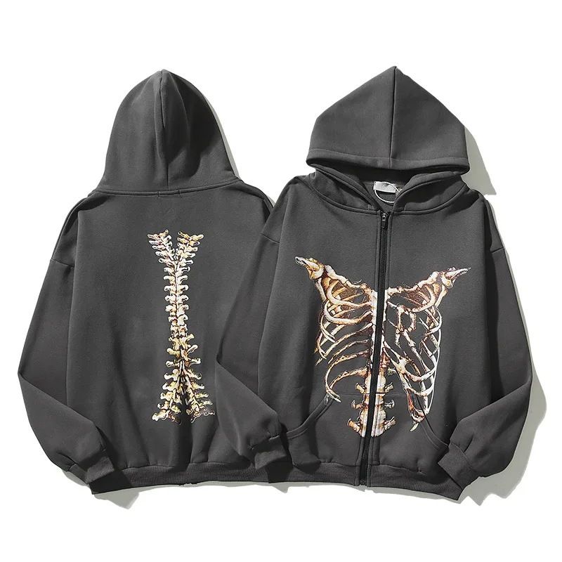 Herrenbekleidung 2025 Rabatt Skelett Reißverschluss Hoodie 90er Retro Musterdruck Reißverschluss Top Herren Sweatshirt_voghion.com