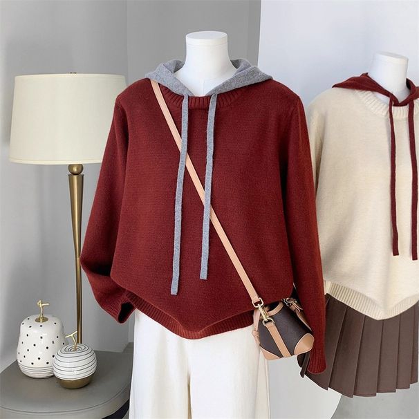 Damenbekleidung Lässiger Color-Block-Strickpullover mit Kapuze und langen Ärmeln für Herbst und Winter_voghion.com