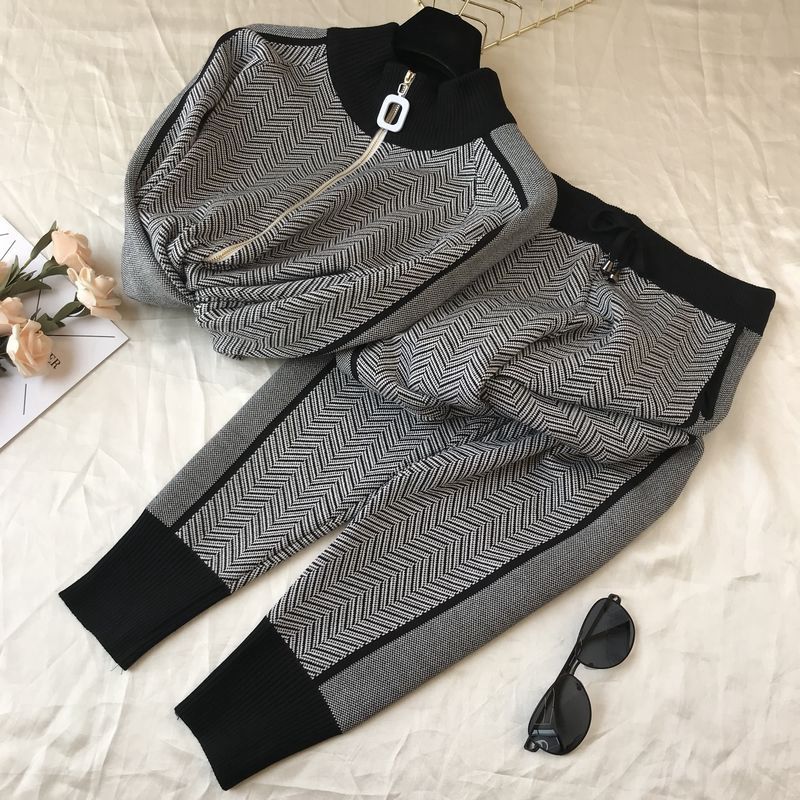 women's clothing fashion stand-up collar zipper knitted tops and pants two-piece suit_voghion.com