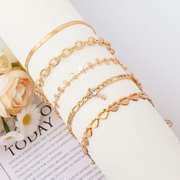 Punk Style Hollow Heart Round Snake Chain Inlaid With Diamonds Key Tassel Pendant 5-Piece Set Anklet_voghion.com