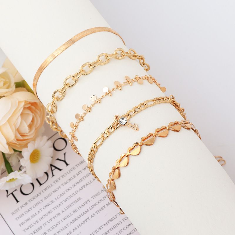 Punk Style Hollow Heart Round Snake Chain Inlaid With Diamonds Key Tassel Pendant 5-Piece Set Anklet_voghion.com
