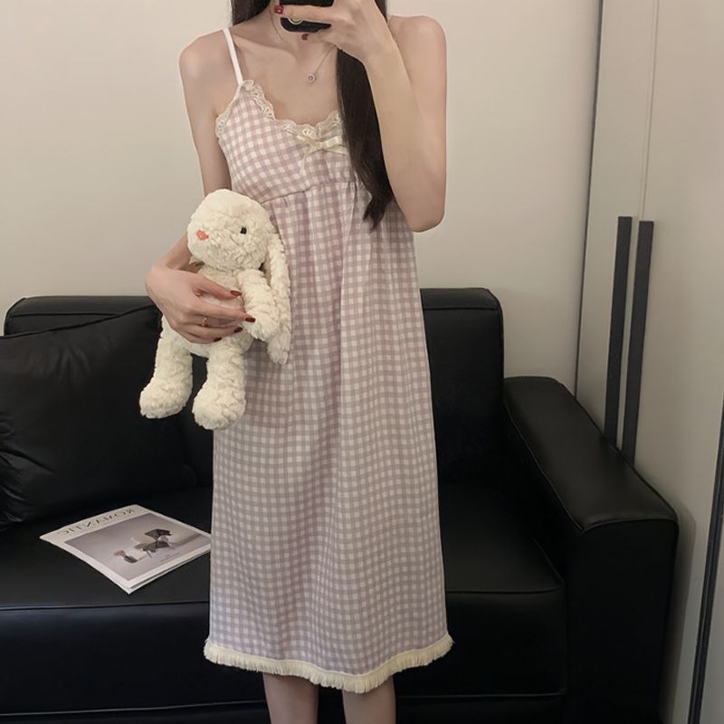 Cămașă de noapte cu camisol în versiune coreeană pentru femei de vară, cămașă de noapte în carouri din bumbac cu model cloud dulce, fustă subțire de lungime medie_voghion.com