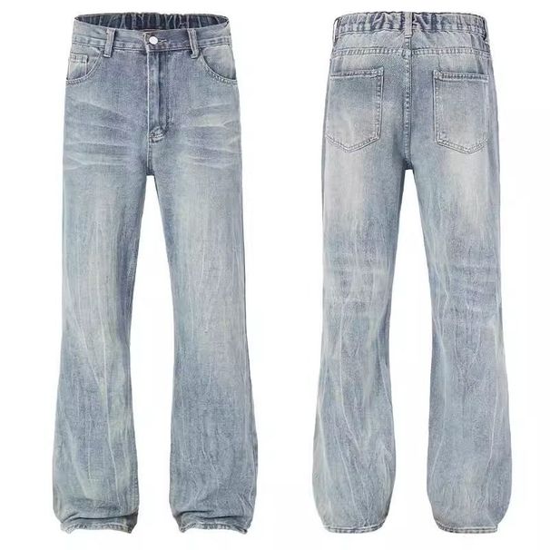 Calça jeans azul claro com lavagem retrô – Calça folgada, reta, com cintura elástica e cordão ajustável (unissex, forro de lã da estação, P-3GG)_voghion.com