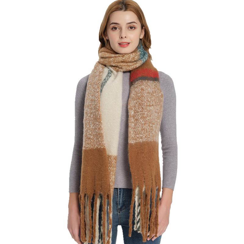 Unisex Autumn and winter circle yarn wool matching color checkered coarse fringe scarf shawl_voghion.com