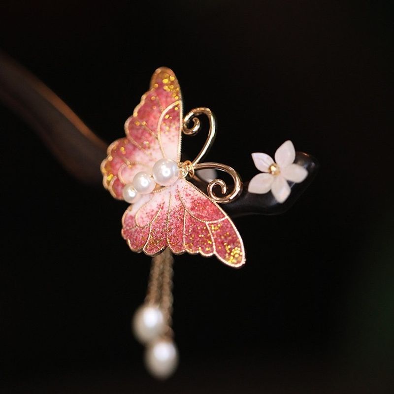 Chinese stijl roze vlinder parel hanger haarspeld 2024 nieuwe modieuze oude stijl high-end kleine perzikbloesem haaraccessoires_voghion.com