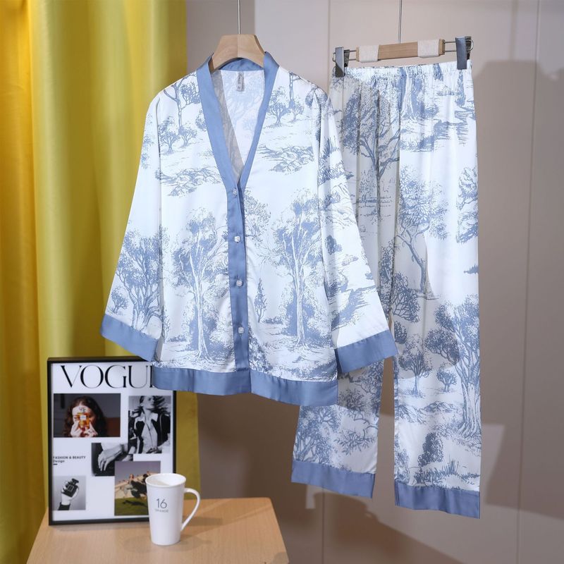Pyjama à manches longues pour femmes, nouveau style, pantalon en soie glacée, vêtements de maison, style ins, costume à col en v, printemps et automne_voghion.com