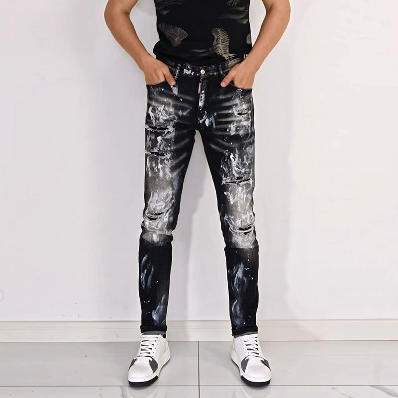 Jeans Ripped Black And White Patch Trendy Stretch Slim Fit Skinny High-end Casual Men's Pants_voghion.com