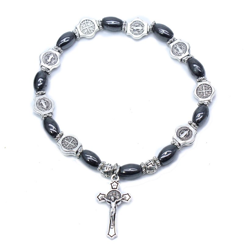 Religious Christian Orthodox Iconic Alloy Black Beaded Cross Bracelets Elastic Adjustable Bracelets Jewelry_voghion.com