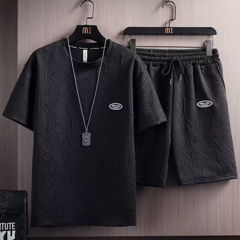 Men's clothing casual sports suit summer new style  brand loose large size thin waffle short-sleeved shorts two-piece suit_voghion.com