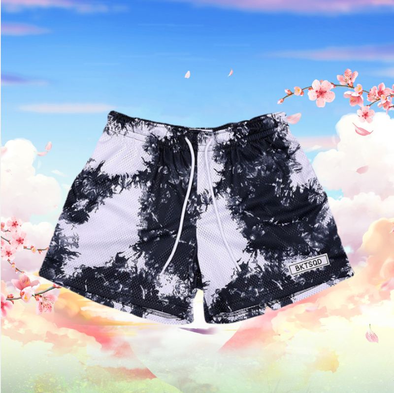 American trendy men's BKTSQD ink splashing shorts loose sports casual mesh quick drying knee length basketball pants_voghion.com