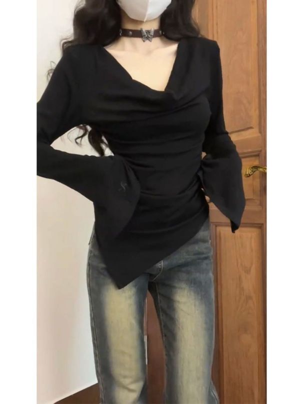 Plus Size Fashion Vielseitiges unregelmäßiges schulterfreies Oberteil Herbst Neues Pure Desire Style Schlankmachendes Langarm-Basishemd_voghion.com