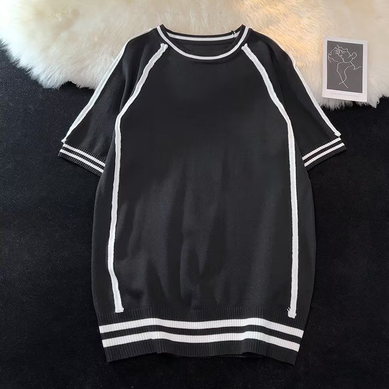 Men's Clothing Striped high end knitted short sleeved T shirt for men and women, new summer style, fashionable and versatile casual ice silk top_voghion.com