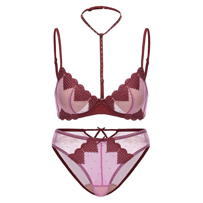 Damen Dessous Sexy Unterwäsche Dünne Neckholder Love Mesh Bestickte Unterwäsche Kleine Brust Große Push-Up-BH-Set_voghion.com