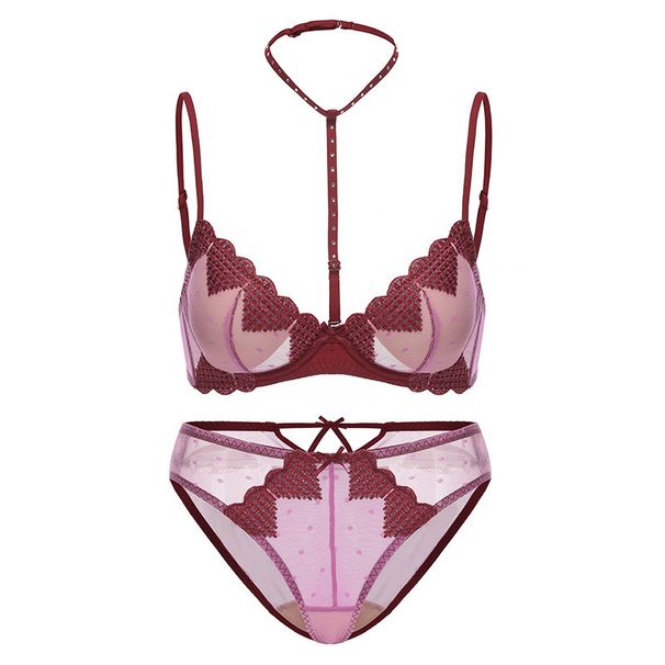 Damen Dessous Sexy Unterwäsche Dünne Neckholder Love Mesh Bestickte Unterwäsche Kleine Brust Große Push-Up-BH-Set_voghion.com