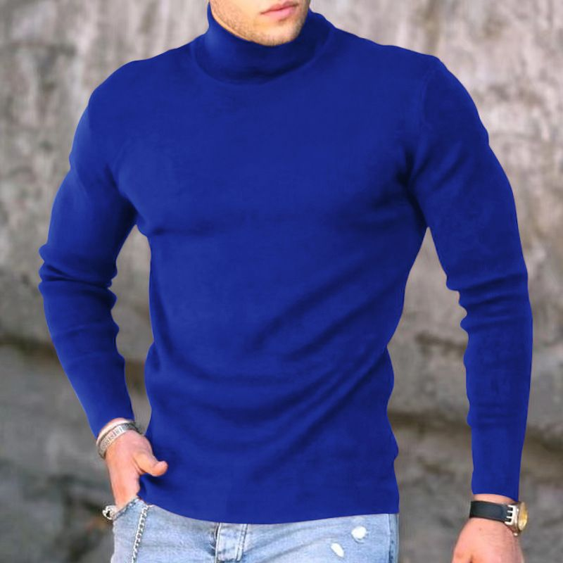 Men's youth high-necked solid color long-sleeved spring, autumn and winter elastic bottoming sweater pullover_voghion.com