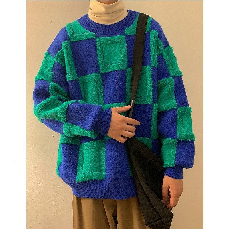 Schachbrett-Strickpullover für Herren, Herbst und Winter, lockerer und fauler, hübscher Mantel_voghion.com