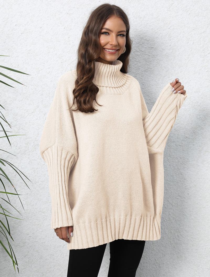 Top maglione da donna in maglia a trama larga con collo alto e risvolto in tinta unita_voghion.com