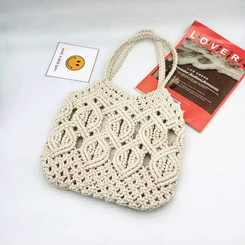 Waist Bags Fashion Cotton Rope Woven Bag Women HighQuality Simple Hollow Handmade Tied Straw Handbags Summer Beach_voghion.com