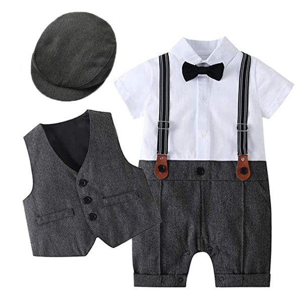 Sommer Kinder Gentleman Kleid Geschenkbox Kurzarm Jumpsuit Weste Hut Set Säuglingskleidung Taufkleid_voghion.com