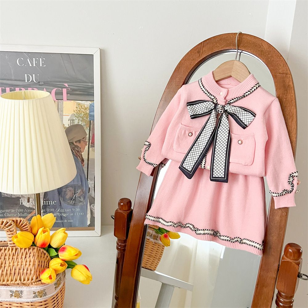 2024 Autumn And Winter New Cross Border Delivery Of Fashionable Baby Girl Ribbon Bow Knitted Two Piece Set Xiaoxiang Trendy Style_voghion.com