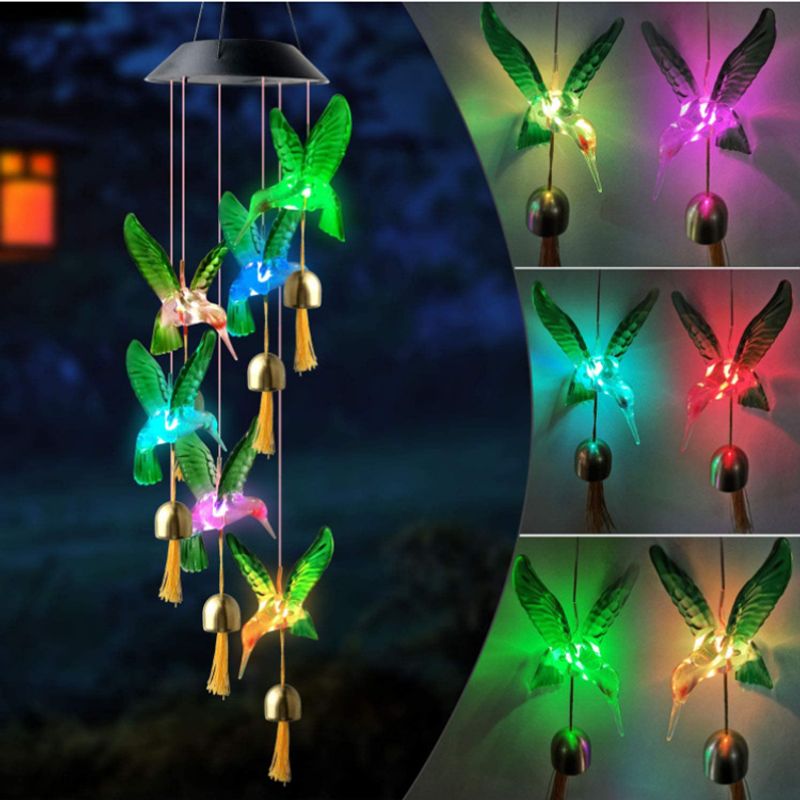 Solar-Windspiel mit LED-Leuchten – Gartendekoration für draußen, Metallglocken und EVA-Kugel, Vogel- und Schmetterlingsdesign, wasserdicht und umweltfreundlich​_voghion.com