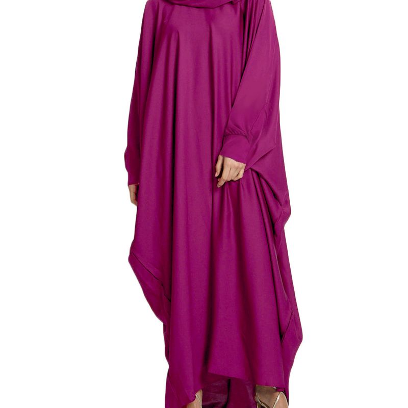 Abbigliamento femminile Abito da donna mediorientale in tinta unita con cappuccio e piccola borsa in seta di latte con maniche a pipistrello_voghion.com