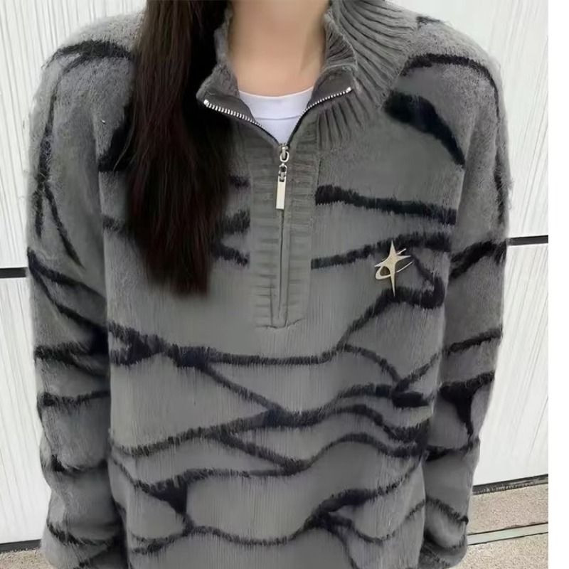 23 New Style Lazy Wind Haima H Sweater Korean Academy Couple Half Zip Knit_voghion.com
