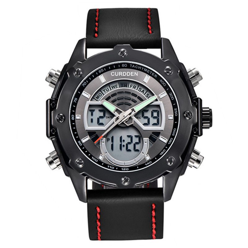 Men's Digital Analog Sports Watch With Alarm, GMT, Date Week Display - Water Resistant Leather Strap, Luminous Dial Multi Function Electronic Watch_voghion.com