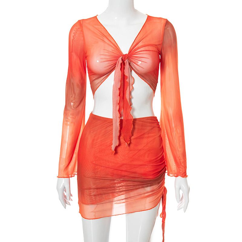 European And American Women's Clothing 2025 Spring New Tie Dye Printed V Neck Navel Exposed Pleated Mesh Skirt Suit For Women_voghion.com