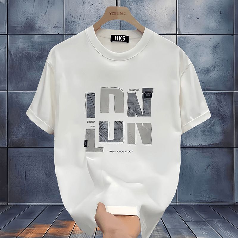 Men's clothing Summer combed cotton short-sleeved T-shirt men's 2024 new 220G heavy double yarn loose printed top_voghion.com