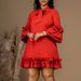Women's clothing loose casual large size ruffle sleeve lace-up solid color_voghion.com