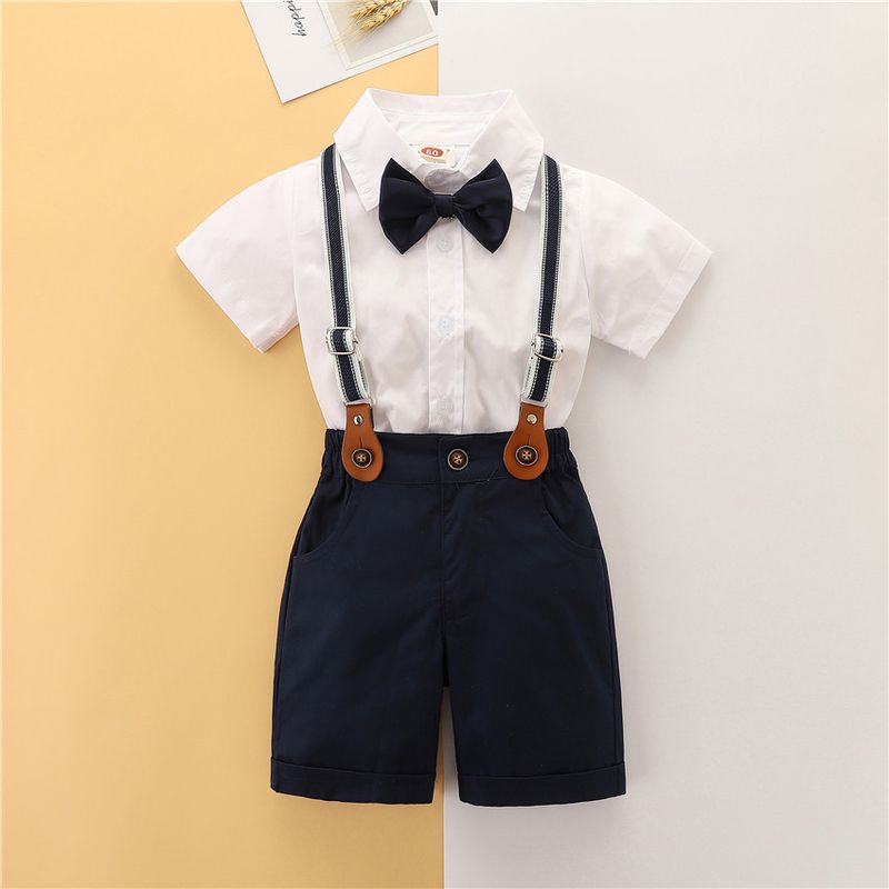 Mother & Kids Dress Suit Short Sleeved White Shirt Suspenders Shorts Two Piece Suit_voghion.com