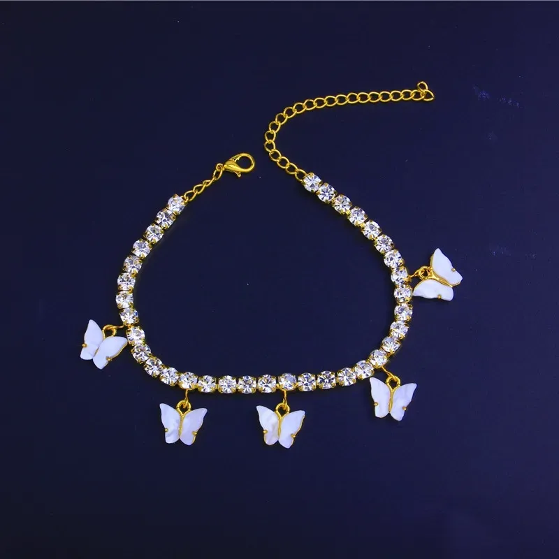 Acrylique papillon femmes bracelets de cheville glacé chaîne de Tennis jambe Bracelet strass Sier or Animal pendentif breloques mode_voghion.com