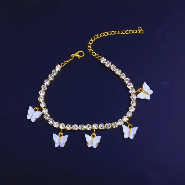Acrylique papillon femmes bracelets de cheville glacé chaîne de Tennis jambe Bracelet strass Sier or Animal pendentif breloques mode_voghion.com