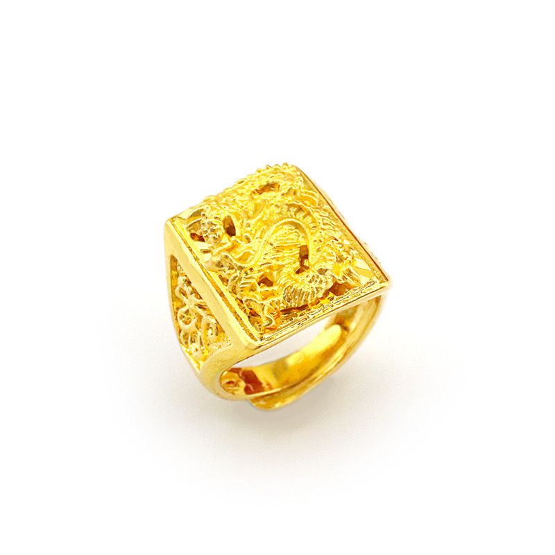Anello da uomo aperto color sabbia con drago dominante in oro e cavallo, in rame, per fortuna e ricchezza_voghion.com