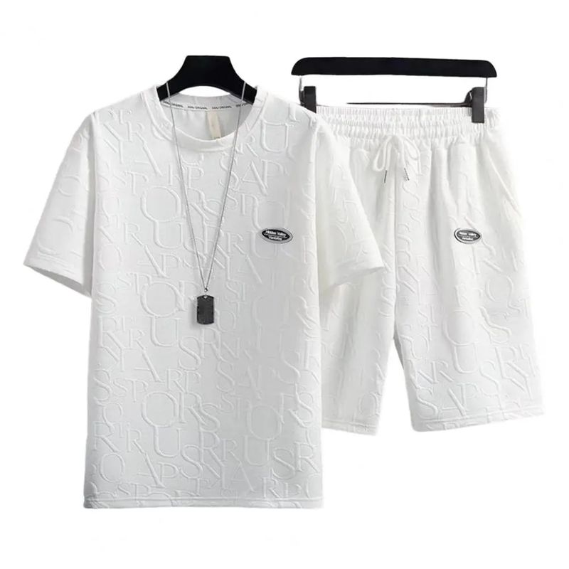 Summer Tshirt Shorts 2 Pieces Set Vintage Streetwear Sleeves Loose Letter Applique Drawstring Men Sets Short Outfits_voghion.com