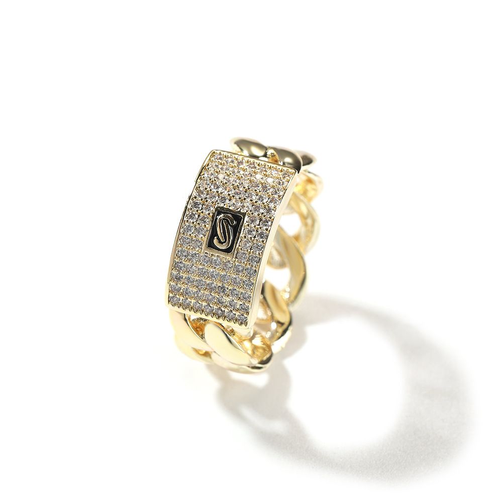High-End Personality Fashion Geometric Zircon 14K Gold Full Diamond Cuban Chain Design Sense Ring Trend_voghion.com
