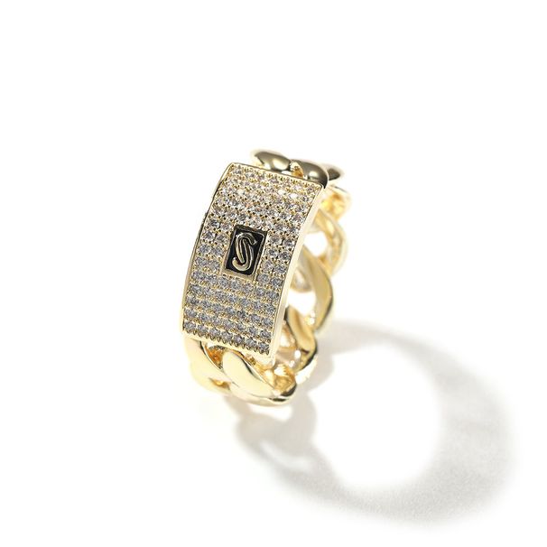 High-End Personality Fashion Geometric Zircon 14K Gold Full Diamond Cuban Chain Design Sense Ring Trend_voghion.com