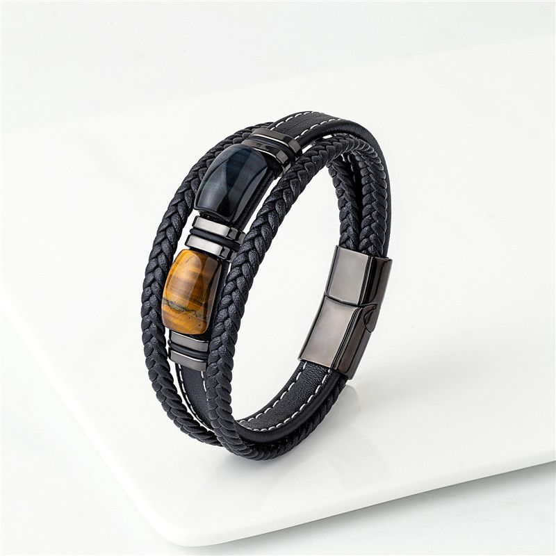 Bracciale da uomo in acciaio inossidabile con corda in pelle a 3 strati, con pietra naturale occhio di tigre e doppio cerchio dritto_voghion.com